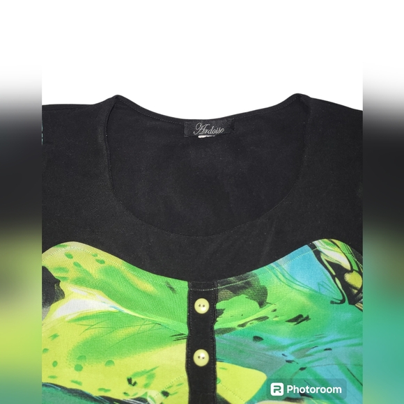 2 FOR💲1️⃣ ARDOISE Vibrantly Coloured Abstract Short-slv Tunic Top Sheer Overlay - Picture 12 of 14